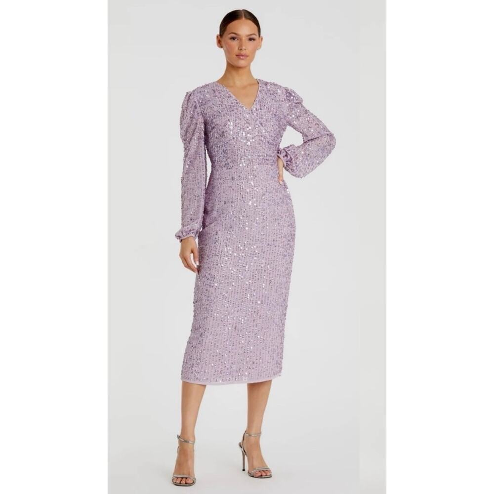 Mac Duggal 107641 Sequined Lavender Lilac V Neck Long Sleeve Midi NWT Sz 6